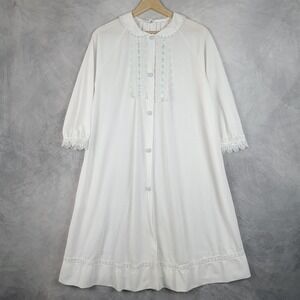 Vintage Dressing Gown Womens Medium White Lace Trim Collared Nightgown Housecoat
